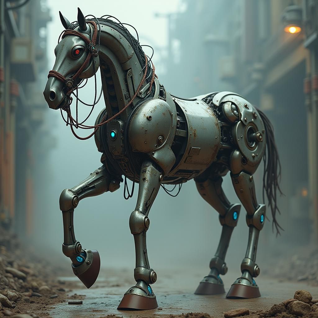 Mechanical Horse with Blue Circuits in Futuristic Style