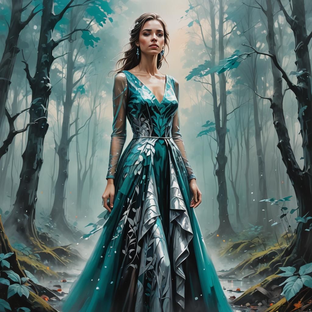 Elegant Woman in Misty Forest, Graffiti Art