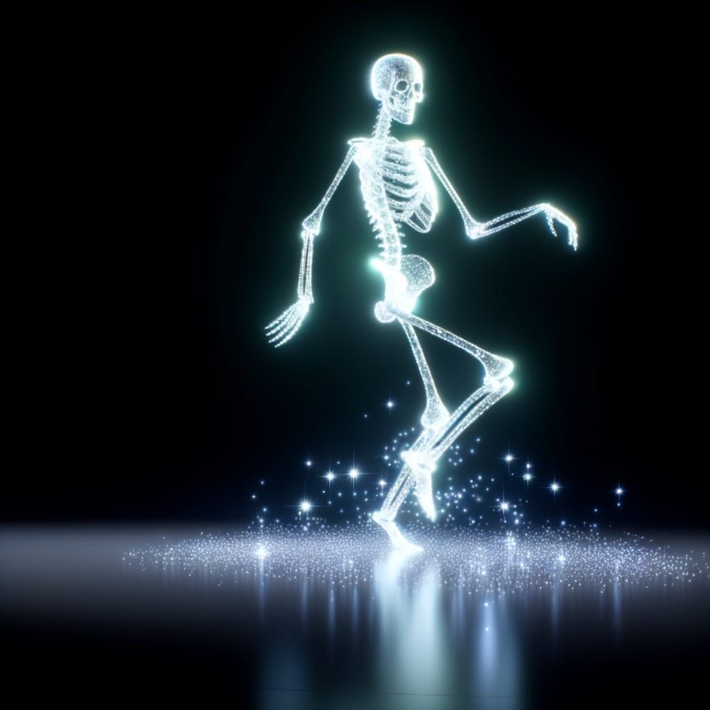 In a pure dark background, a radiant, glowing Michael Jackson skeleton smoke. ,The boddy of Michael Jackson dance the M...