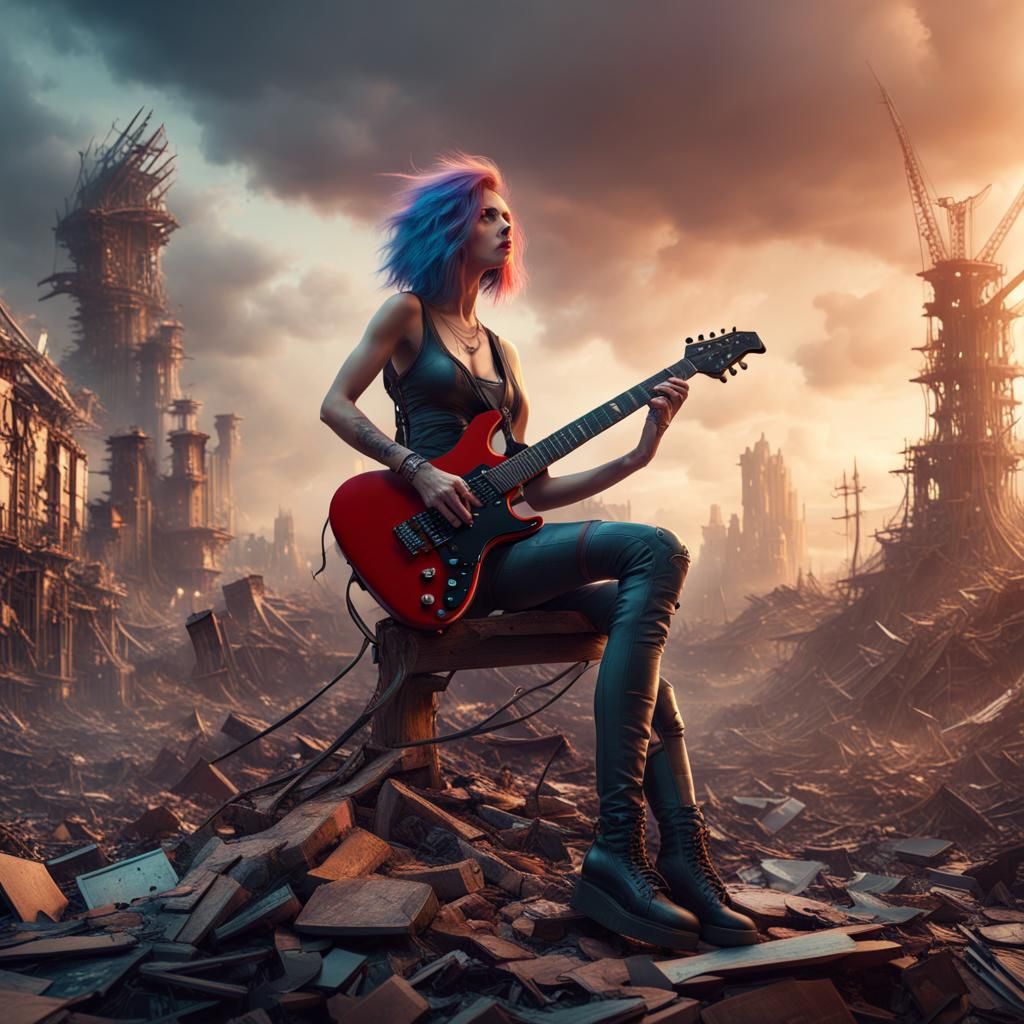 Dystopian Rocker Woman with Guitar and Destroyed Landmarks