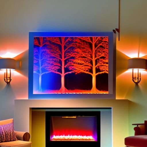 Glowing Blue Fireplace and Red Tree Sunset