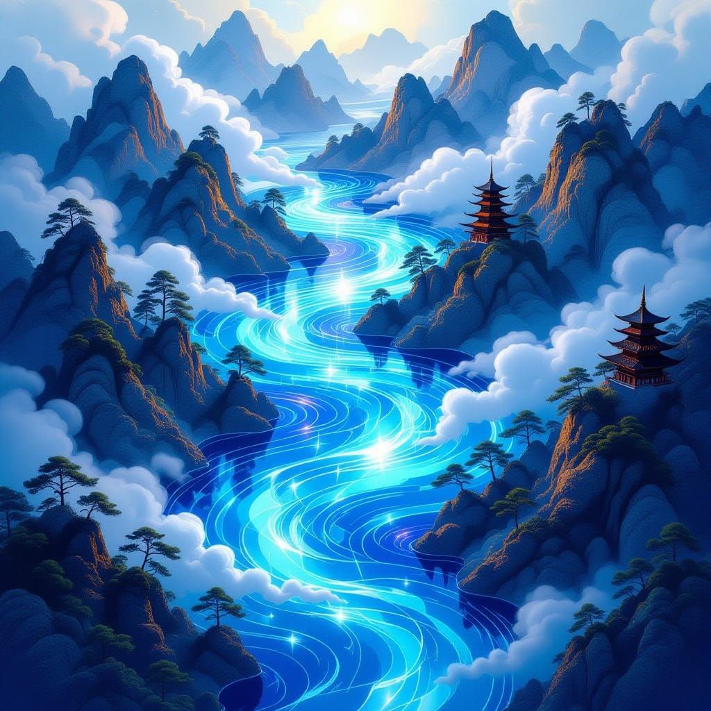 Edo-Style Water Landscape with Ink and Neon Highlights