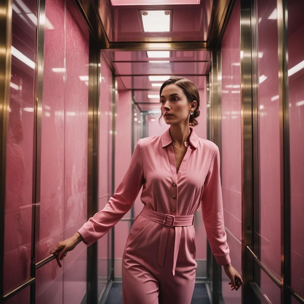 Woman Ascends in Elevator: Surrealist Dreamscape