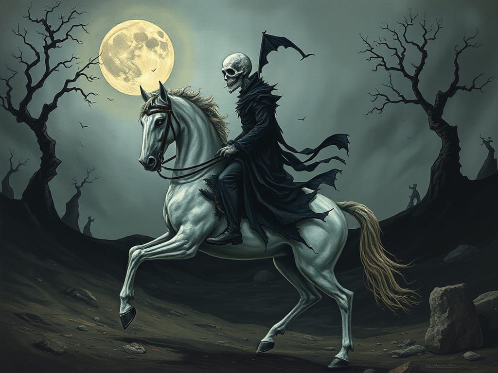 Dark Fantasy Horseman in Eerie Whimsical Landscape
