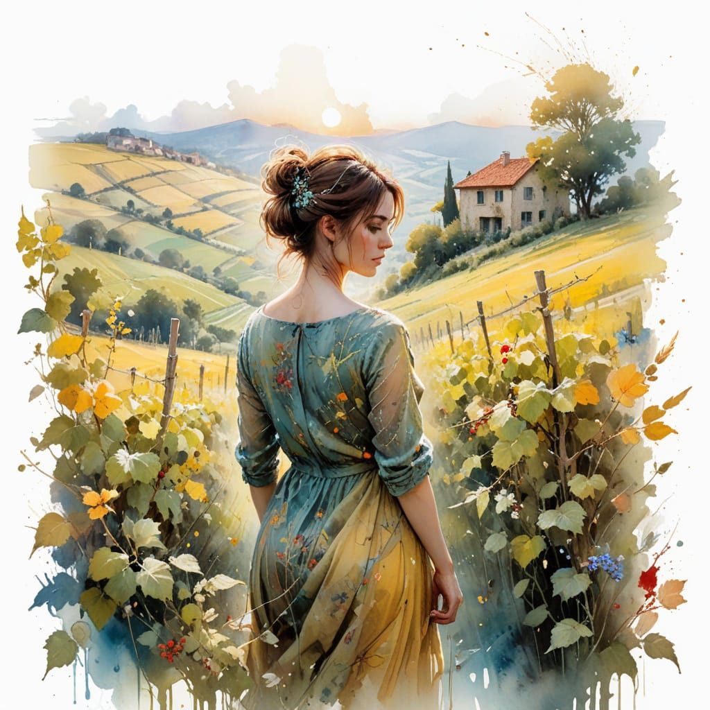 Vineyard at Sunset: Watercolor Landscape with Villa