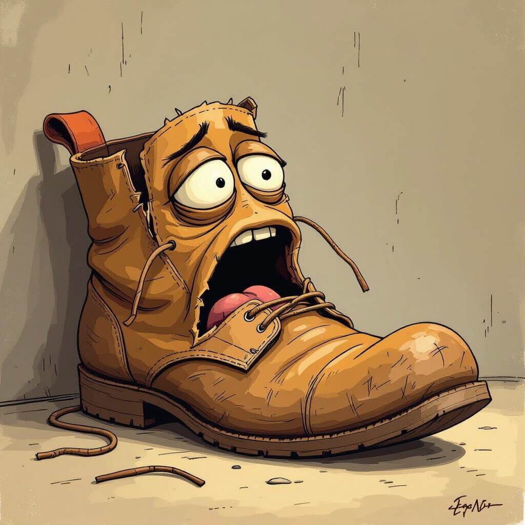 Tired Anthropomorphic Shoe Yawning in Storybook Style