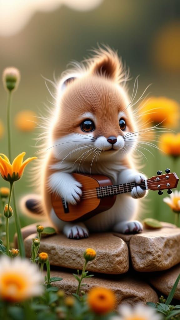 Whimsical Furry Creature Plays Guitar in Countryside