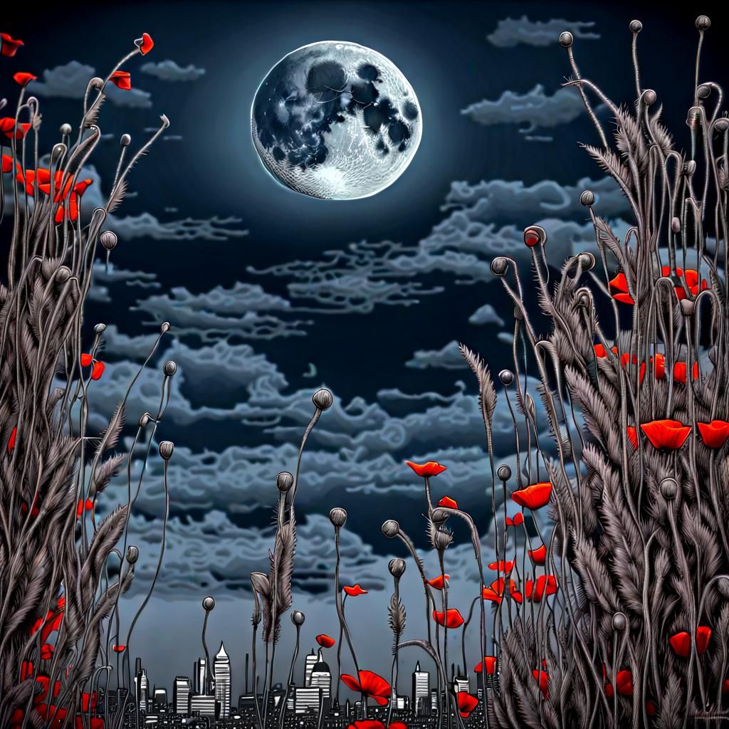 London Skyline Through Poppy Field, Ink Sketch