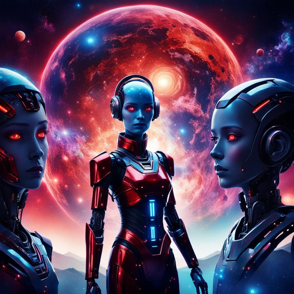 Female Android with Cosmic Backdrop in Cinematic Style