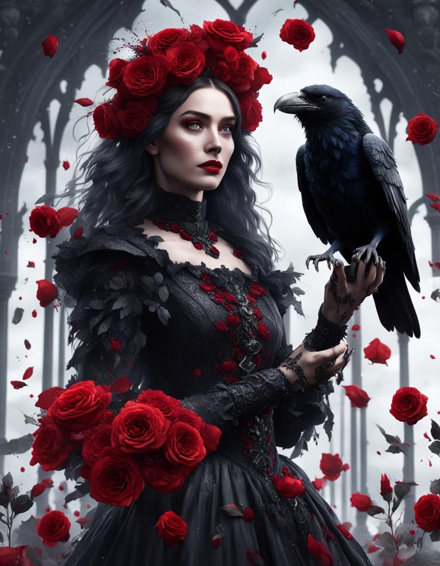 Gothic Woman with Raven and Roses