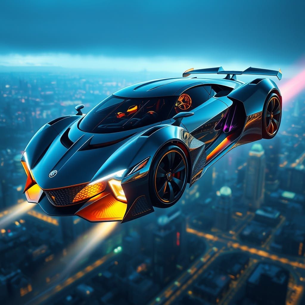 A futuristic car transforms into a spaceship flying over Lon...