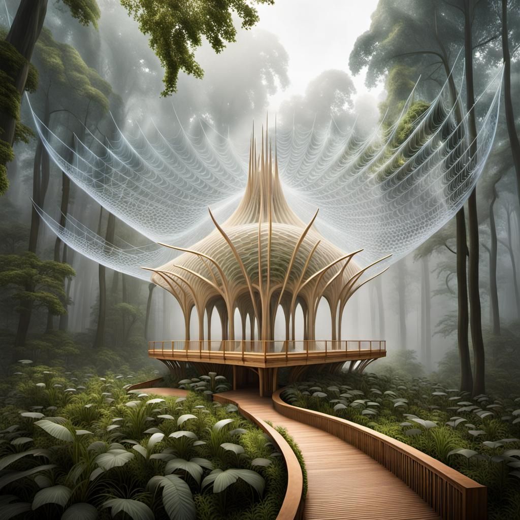 Futuristic Spiderweb Temple in Misty Forest