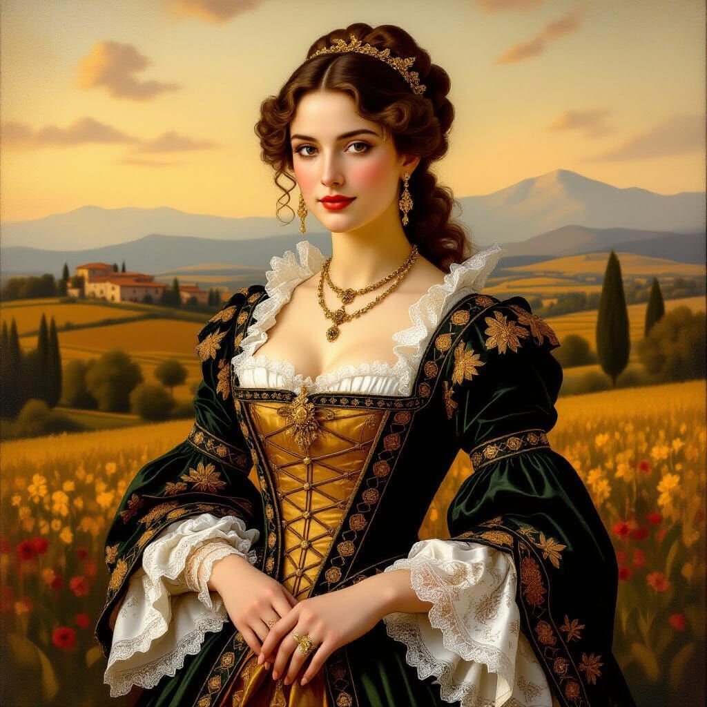 Renaissance Woman in Tuscan Landscape, Dramatic Lighting