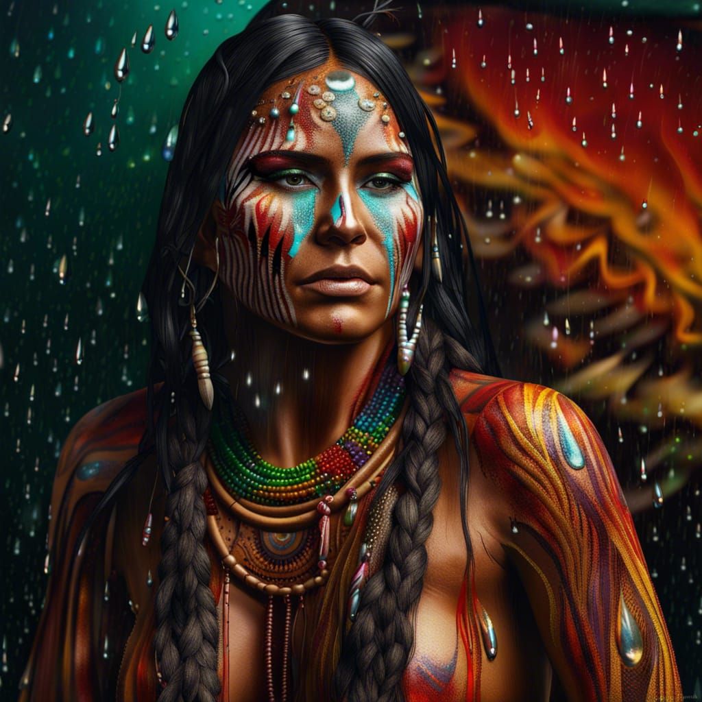 Native American Woman with Body Paint in Hyperrealistic Styl...