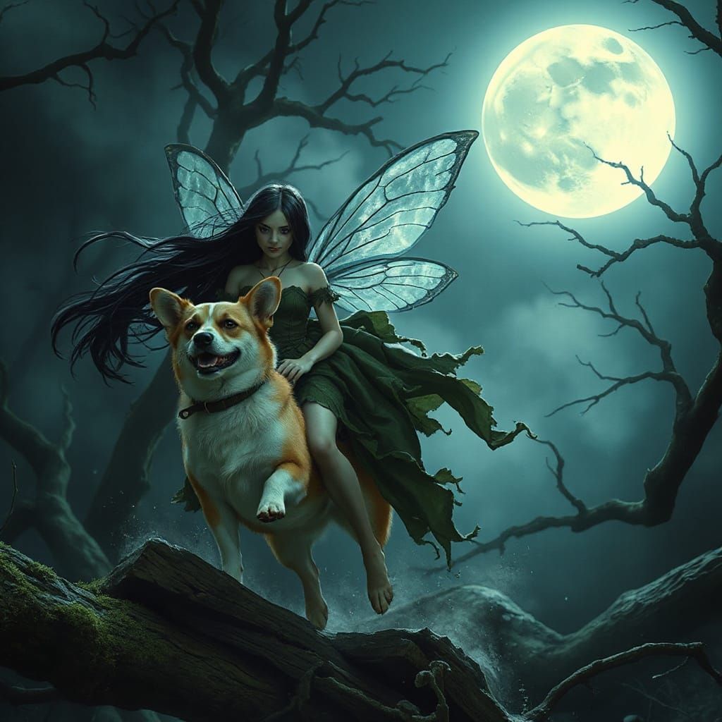 Gothic Fairy Rides Corgi in Enchanted Forest