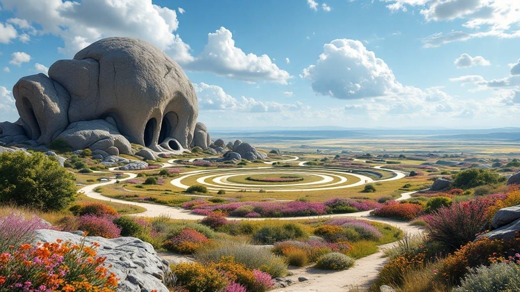 Fantasy Landscape with Chrome Spheres and Shining Granite To...