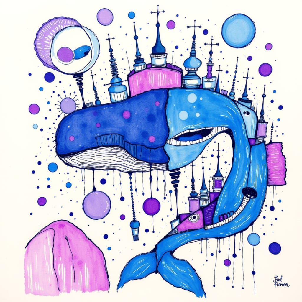 Giant Whale in Blueberry Ink Style