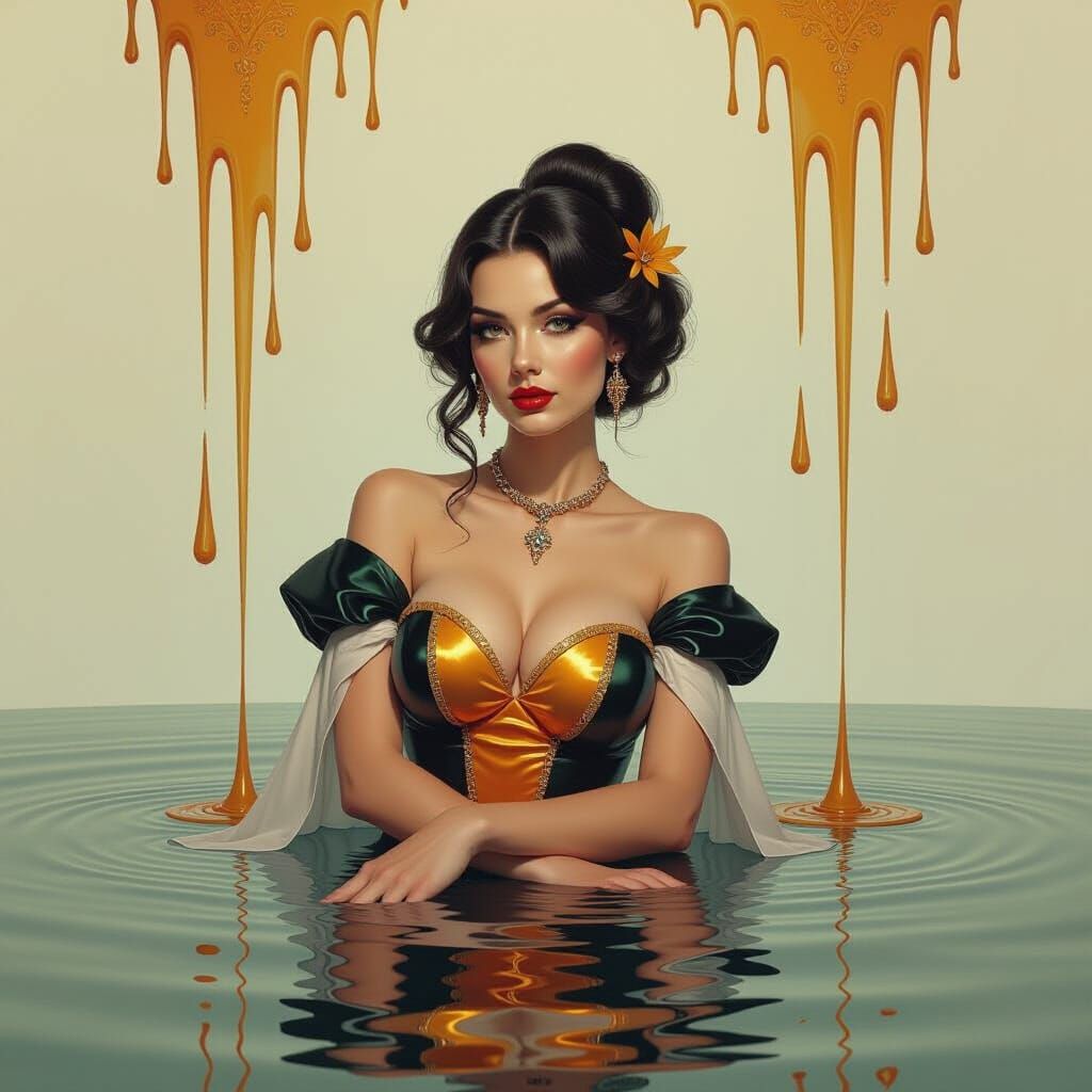 Surreal Dreamlike Woman in Elegant Attire, Oil Painting