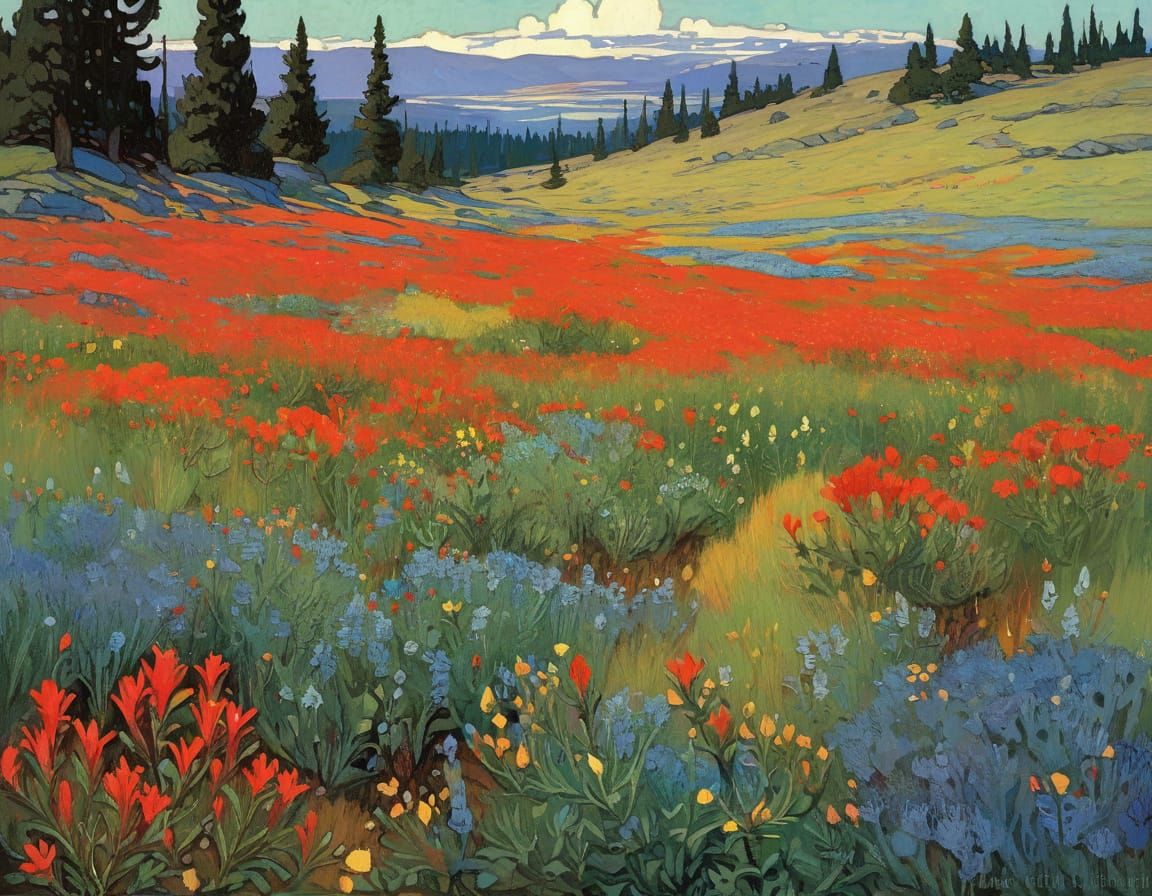 Vivid Red Paintbrush Field in Impressionist Style