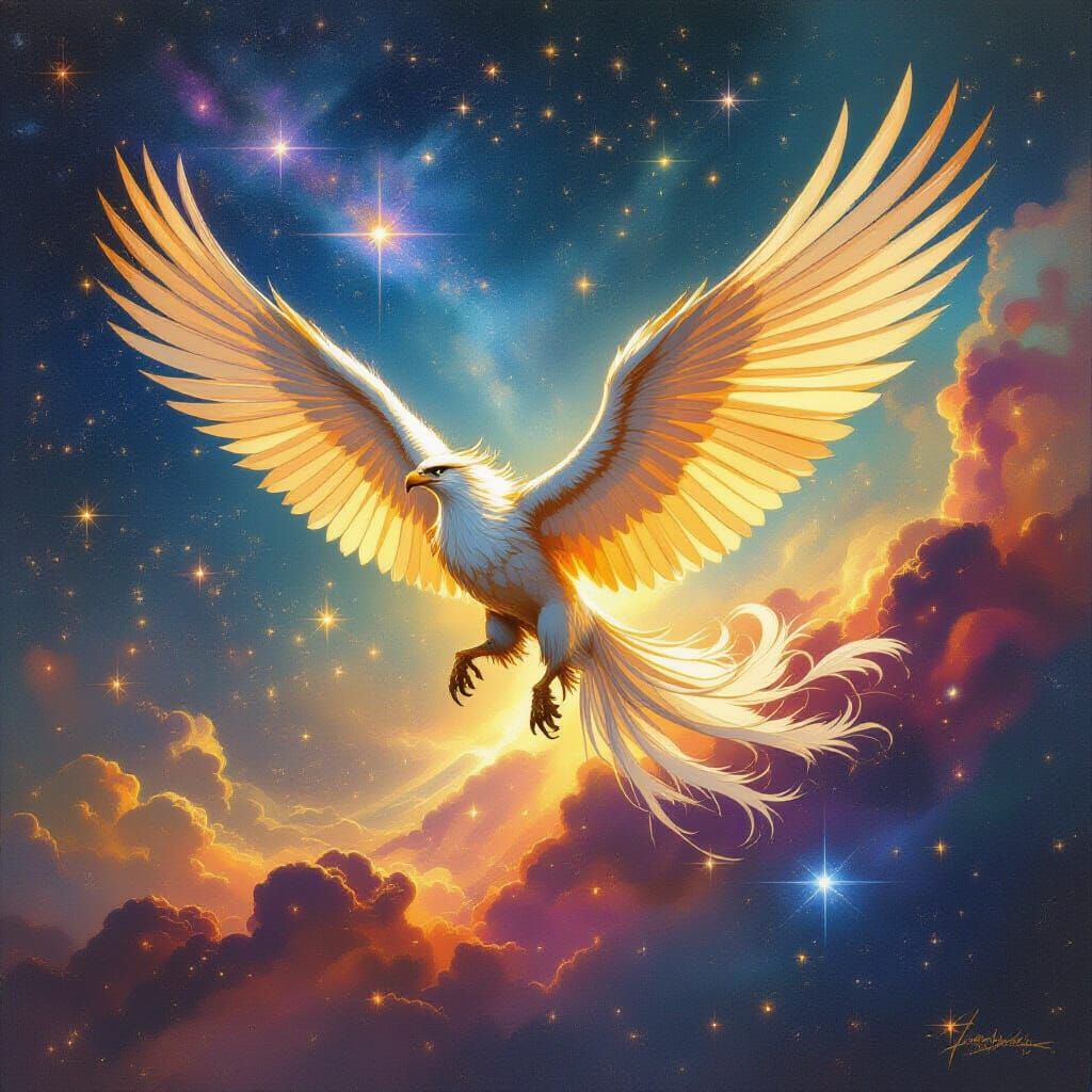 Griffin Soaring Through Nebula in Vintage Sci-Fi Style