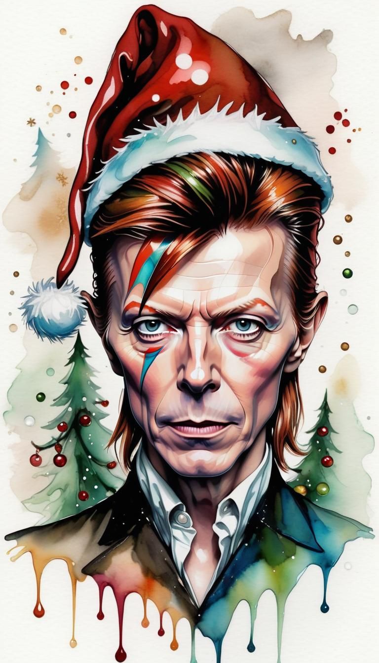 David Bowie Santa Hat: Whimsical Alcohol Ink Portrait