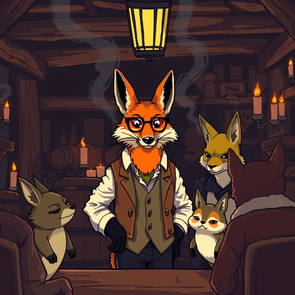 Dignified Fox Inquisitor in Pixel Art Tavern Scene