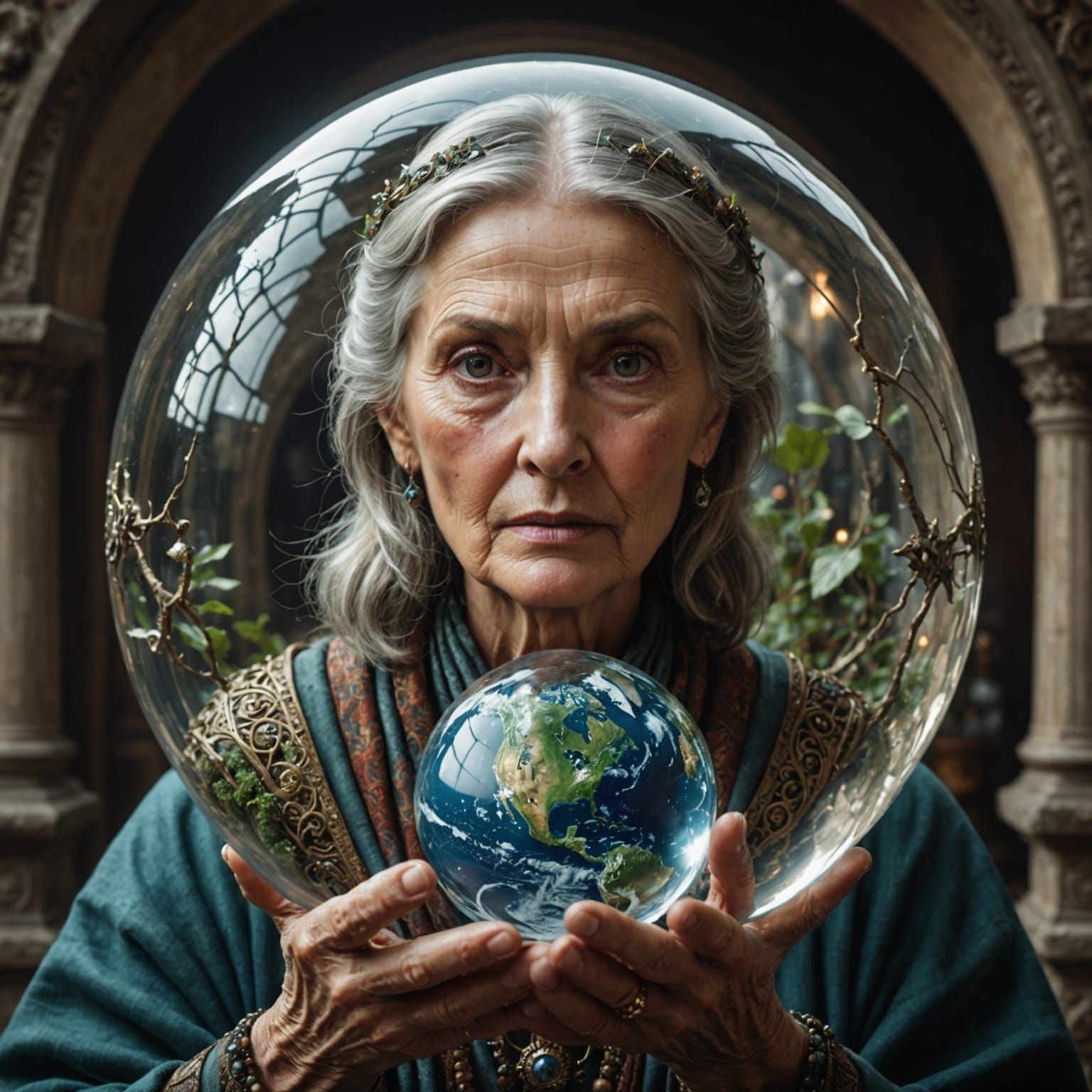 Hyperrealistic Woman Protecting Earth as Glass Sphere