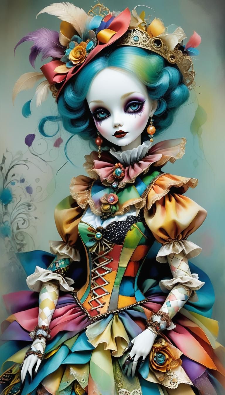 Baroque-Inspired Harlequin Doll in Vibrant Colors