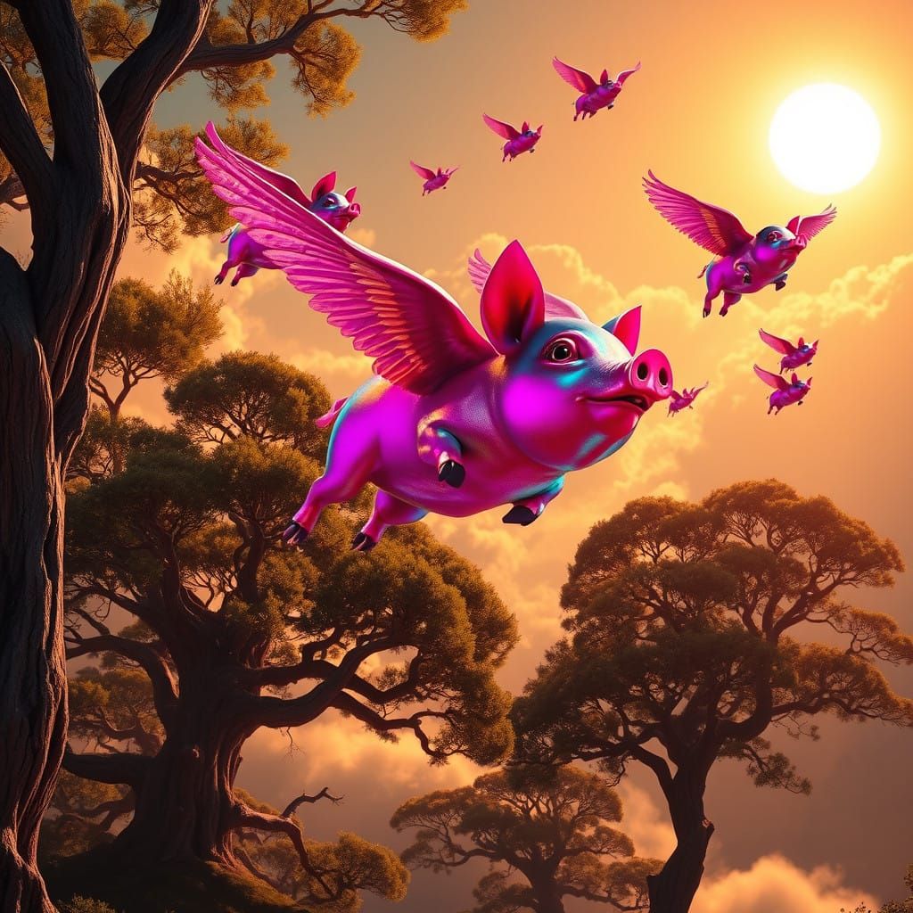 Vibrant Flying Pigs Soar in a Futuristic Sky