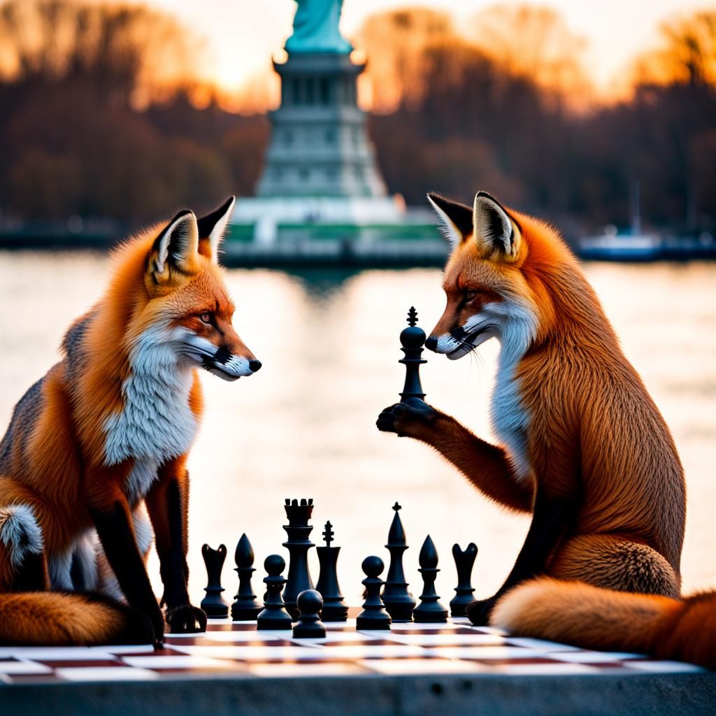 Red Foxes Play Chess by Statue of Liberty