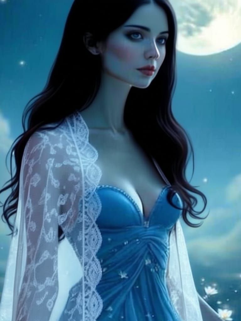 Graceful Woman in Blue Gown Under Starry Night Sky