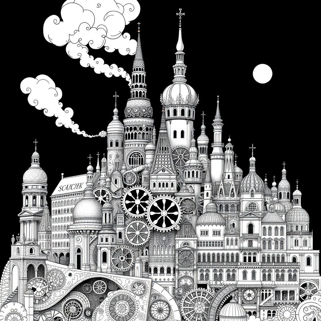 Steampunk Stockholm Doodle Drawing with Clockwork Gears