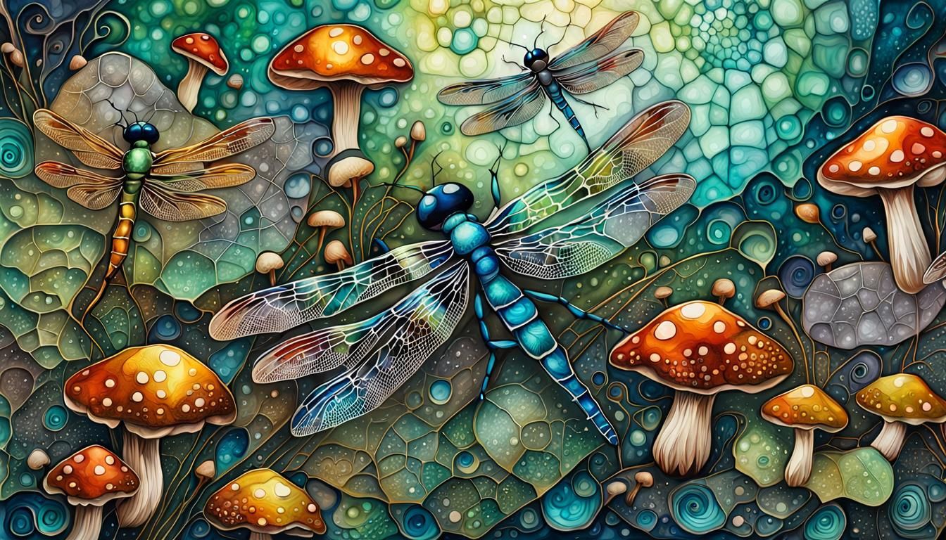 Dragonflies and Metallic Mushrooms in Abstract Impasto Style