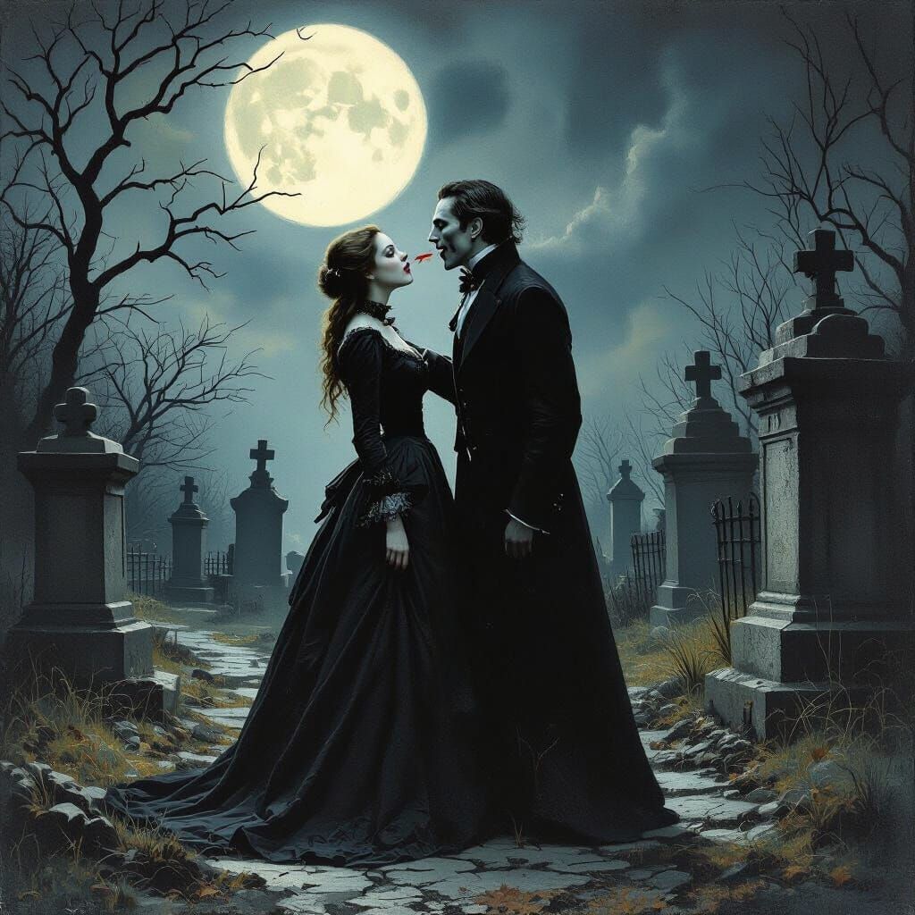 Vampire Bite in Gothic Cemetery, Surreal Art Style