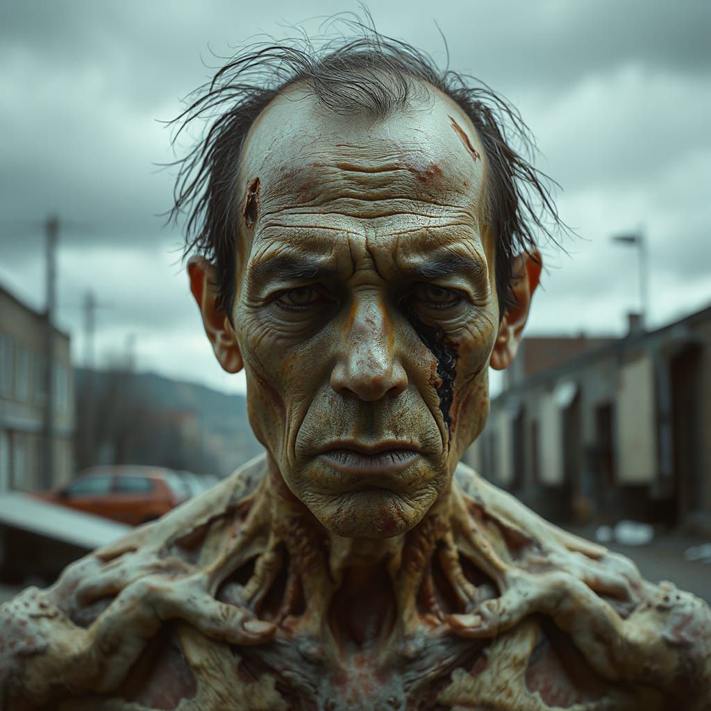 Decaying Humanoid Figure in Dark Surrealist Style