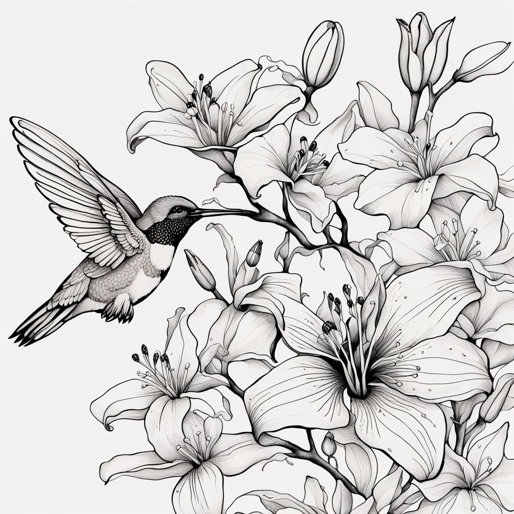 Detailed Line Art of Lilies and Hummingbird