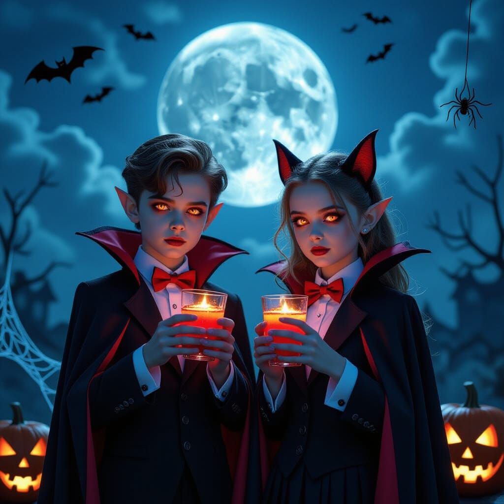 Vampire Couple in Spooky Halloween Scene