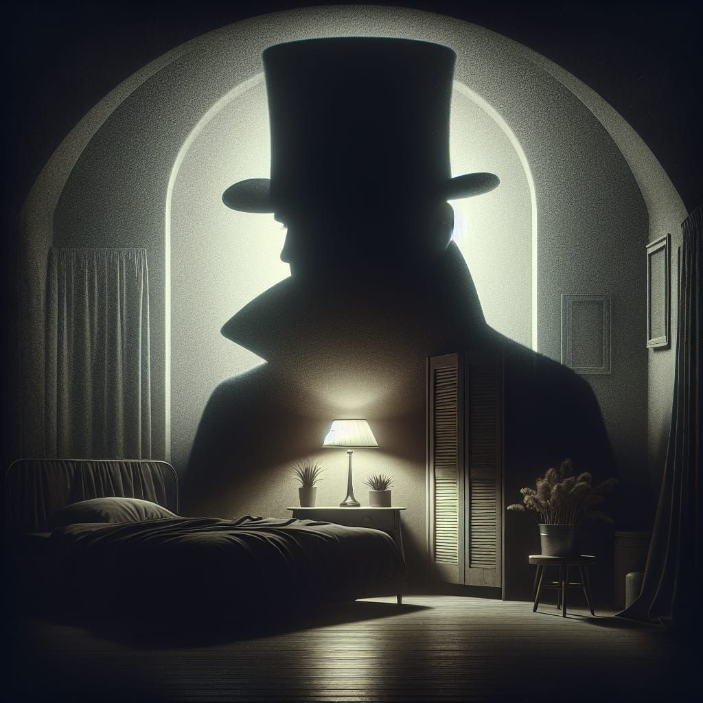 The Enigmatic Top Hat Figure in a Dark Domestic Scene