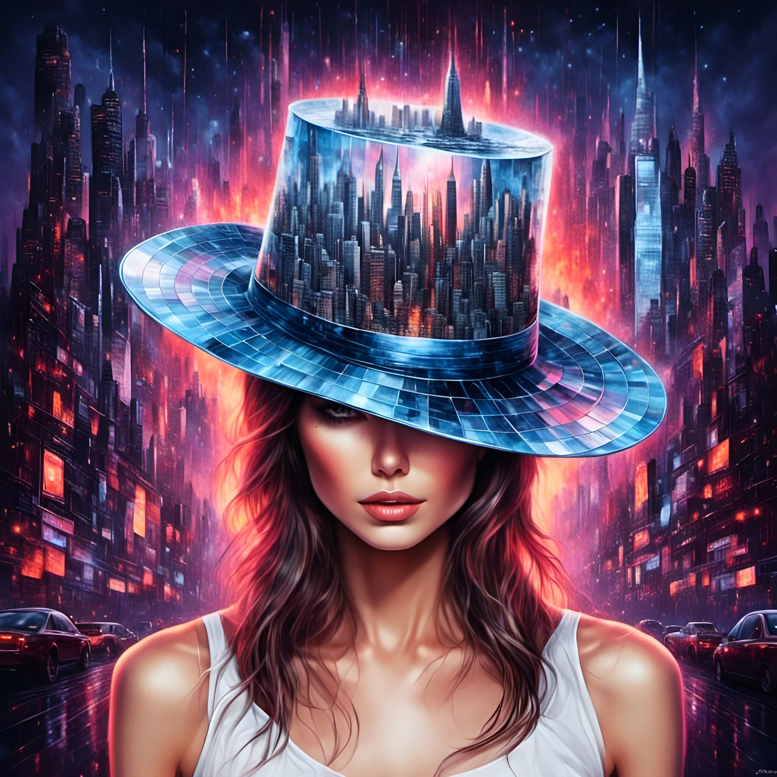 <lora:Art-Funk:1.0> <lora:GlassCore:1.0> <lora:SDXL-WETA-FX:1.0> A fashionable woman wearing a giant top hat that has ne...
