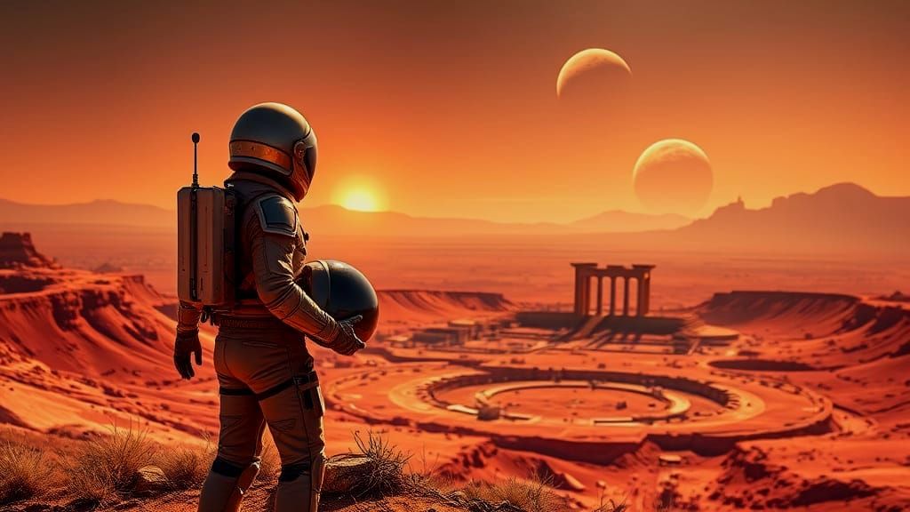 Astronaut Contemplates Roman Ruins on Alien Planet