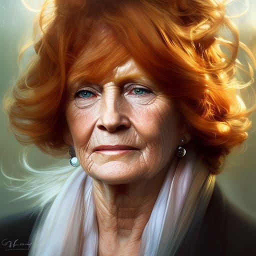 Old pretty grandmother with beautiful long ginger hair age 65