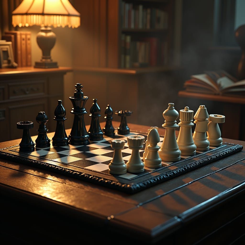 Ornate Chessboard in Warm Light, Futuristic Nostalgia Style