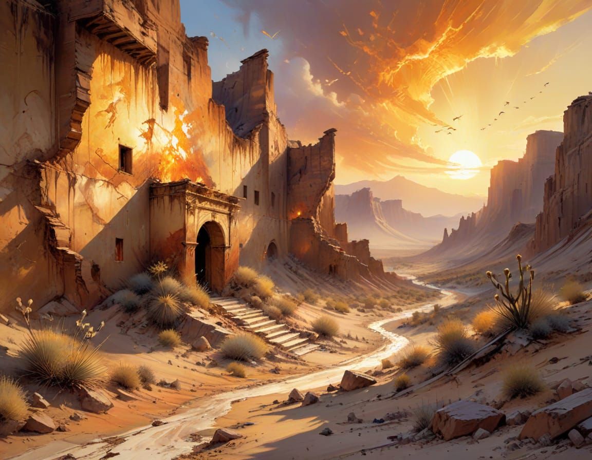 Desert Citadel in Sunset: A Watercolour Painting
