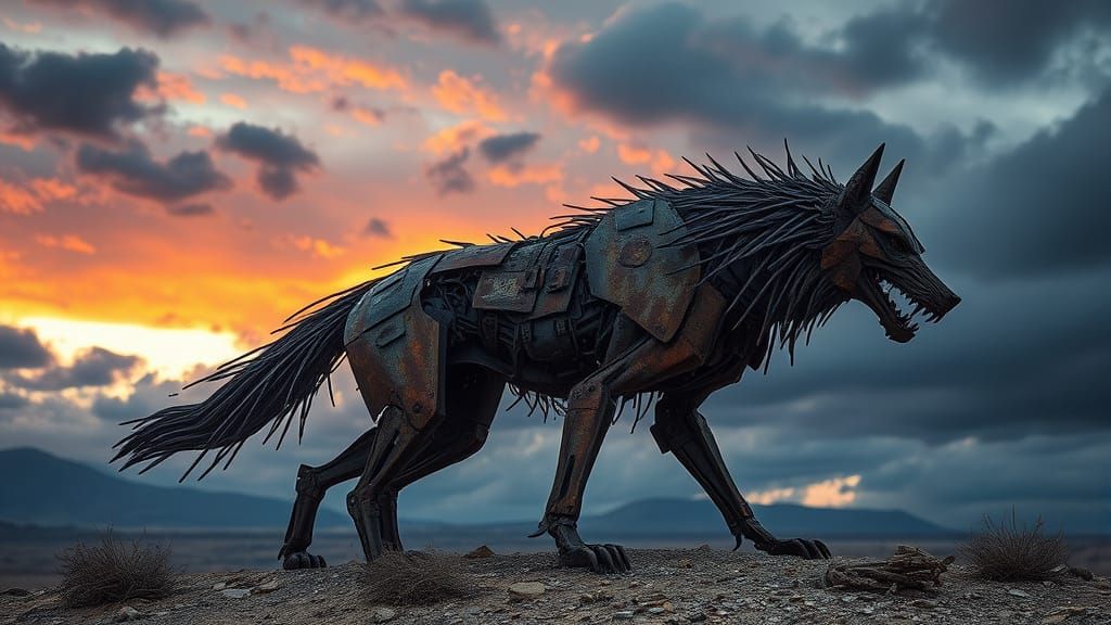 Rusted Iron Wolf on Windswept Plateau