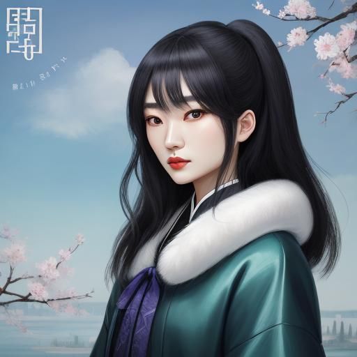 Asian Woman in Fur Coat as Oil Painting