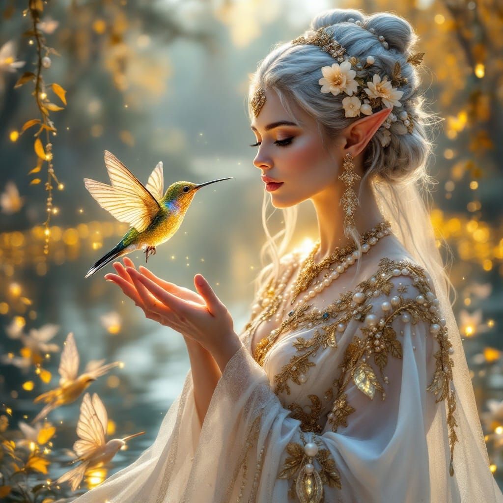 A breathtaking fantasy portrait of a silver-haired elven  wo...
