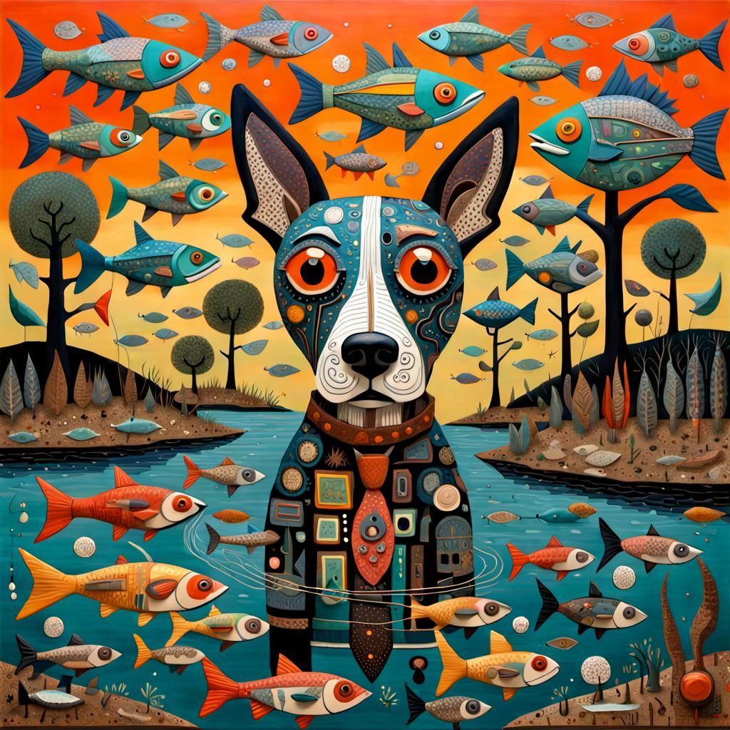 Dog Fishing: Whimsical 3D Artwork