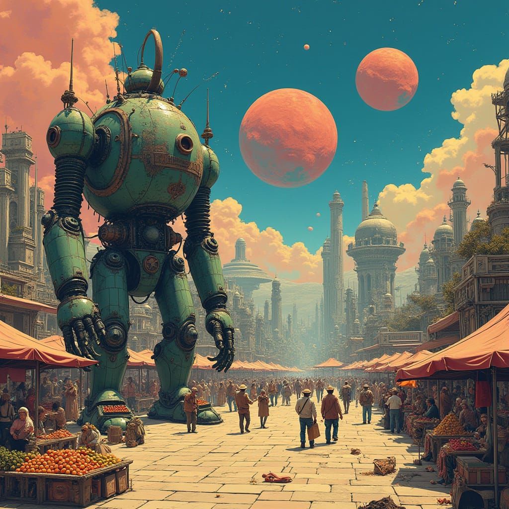 Alien Marketplace with Giant Automaton and Three Moons