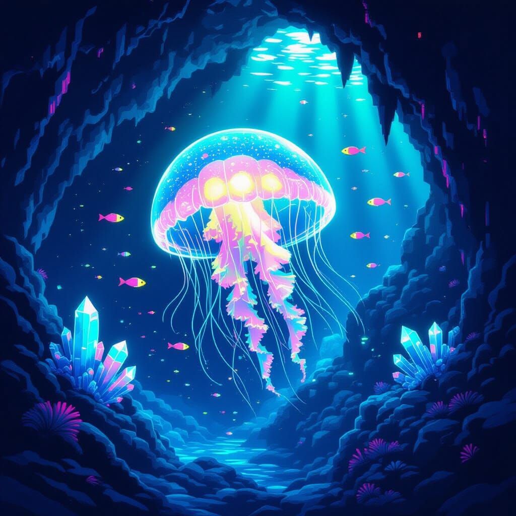 Bioluminescent Jellyfish in Neon Underwater Cave