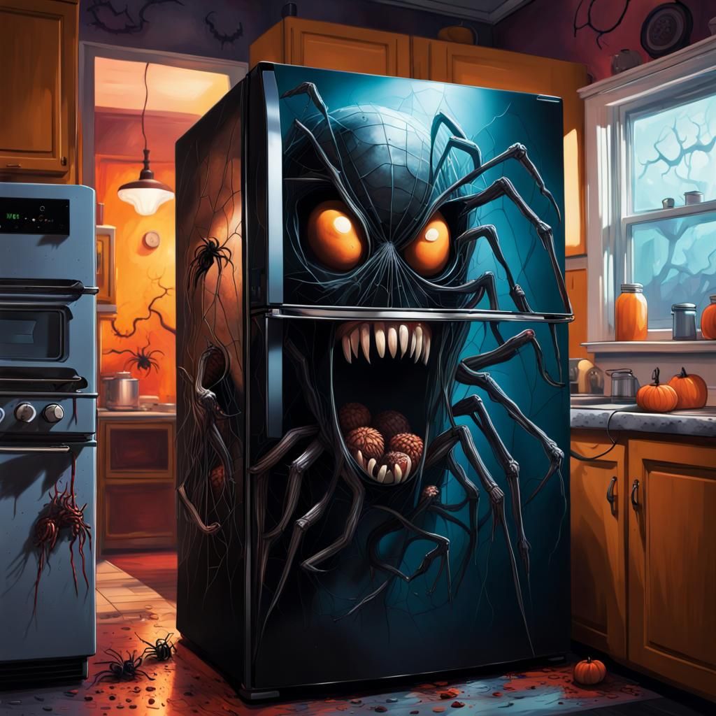Spooky Refrigerator with Spiders in Tim Burton Style